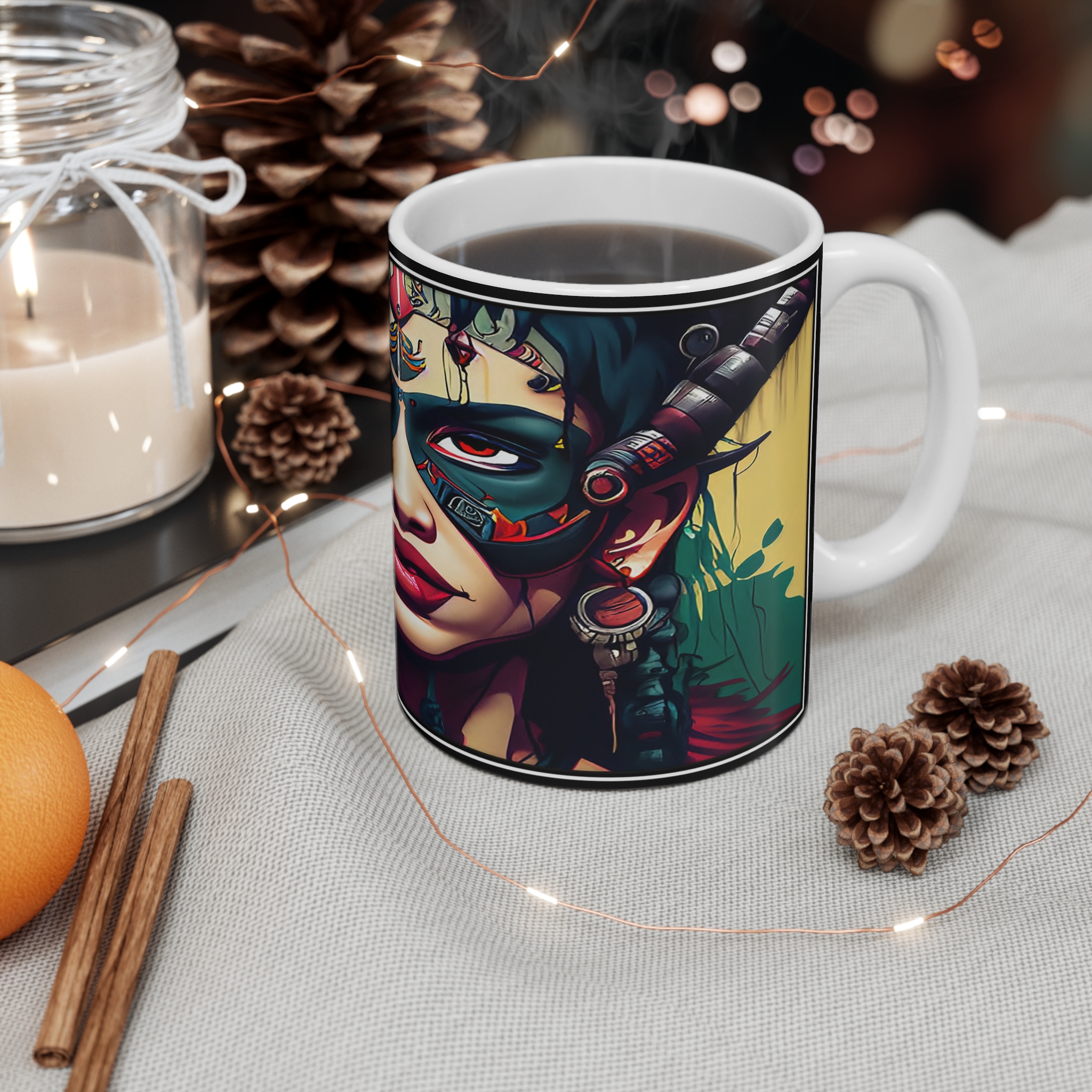 11oz Mug — Tribal Masked Warrior Art Coffee Cup ("Loc") - Image 4