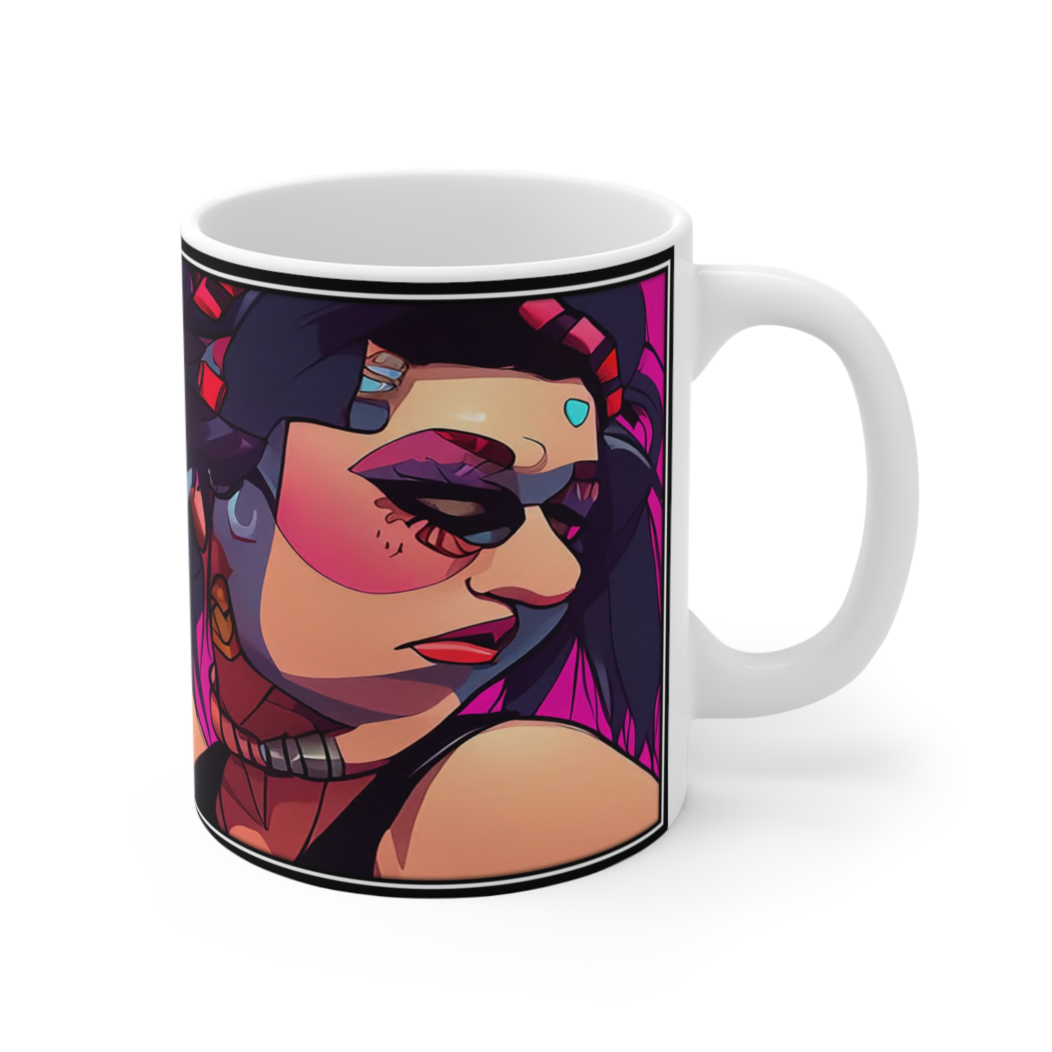 11oz Mug — Vibrant Neon Cyberpunk Character Art (Includes 'Voe' Signature) - Image 3