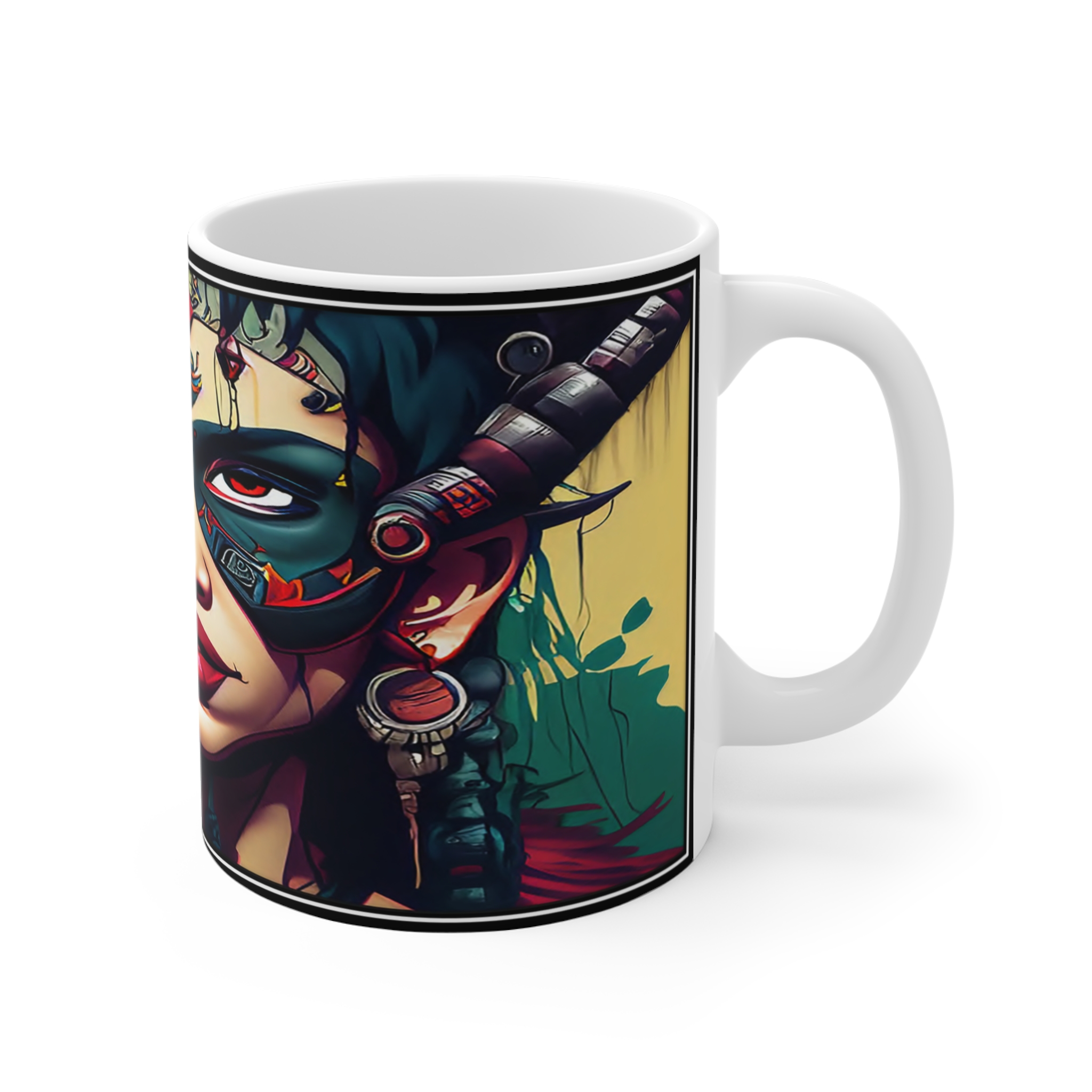 11oz Mug — Tribal Masked Warrior Art Coffee Cup ("Loc") - Image 3
