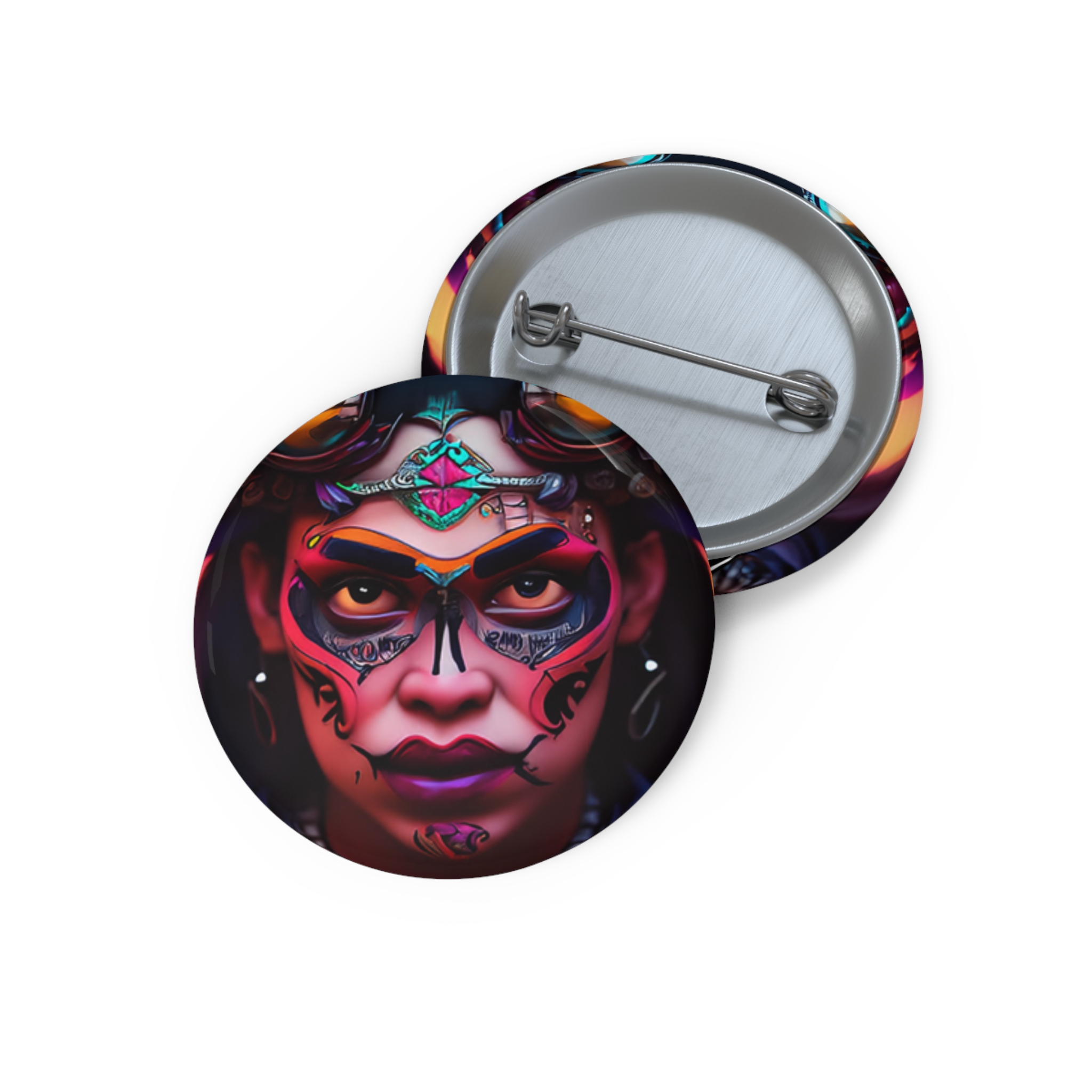 Day of the Dead Sugar Skull Pin Button — Colorful Calavera Portrait Badge