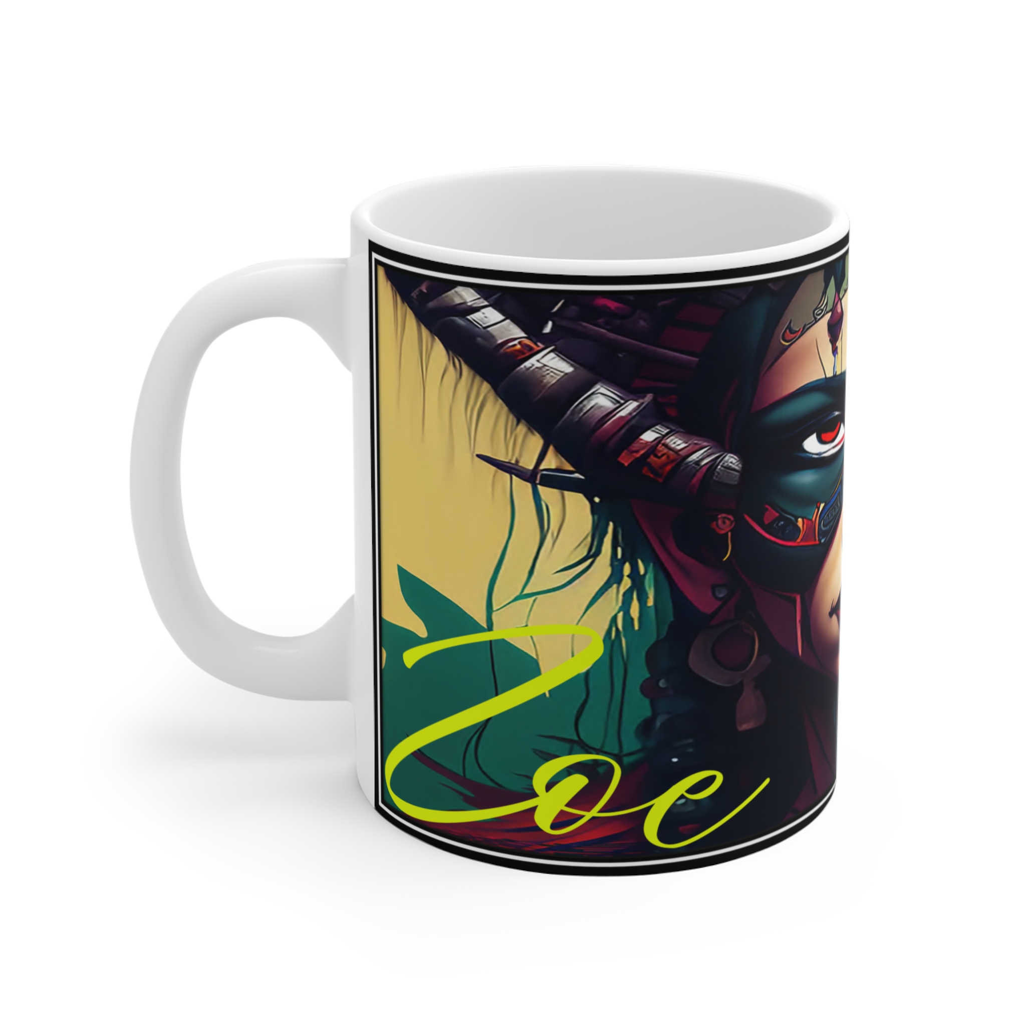 11oz Mug — Tribal Masked Warrior Art Coffee Cup ("Loc") - Image 2