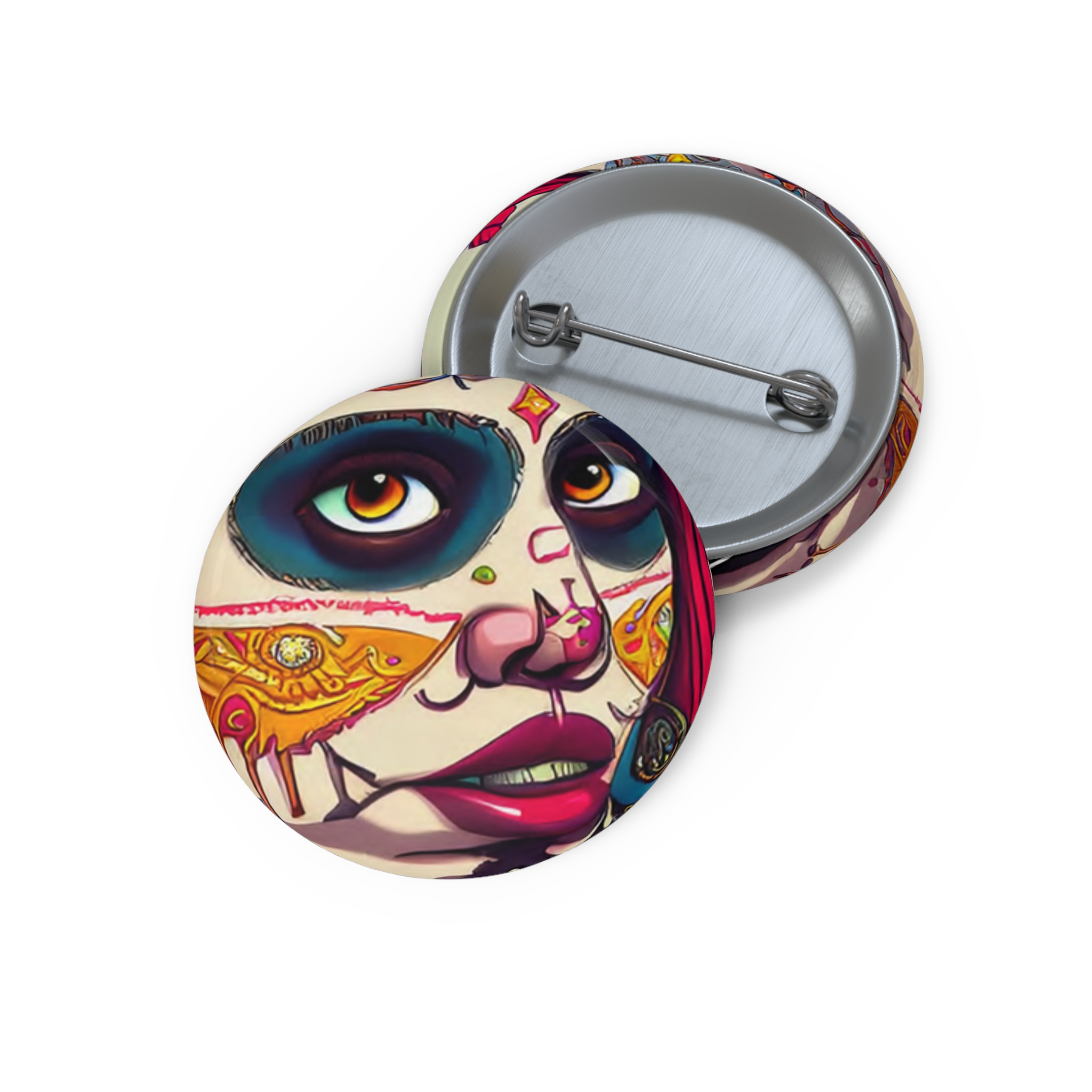 Day of the Dead Sugar Skull Pin Button — Colorful Calavera Art Badge