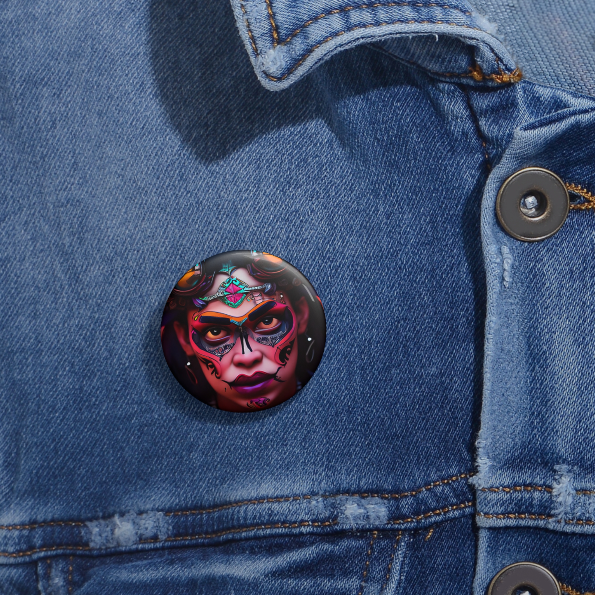 Day of the Dead Sugar Skull Pin Button — Colorful Calavera Portrait Badge - Image 2