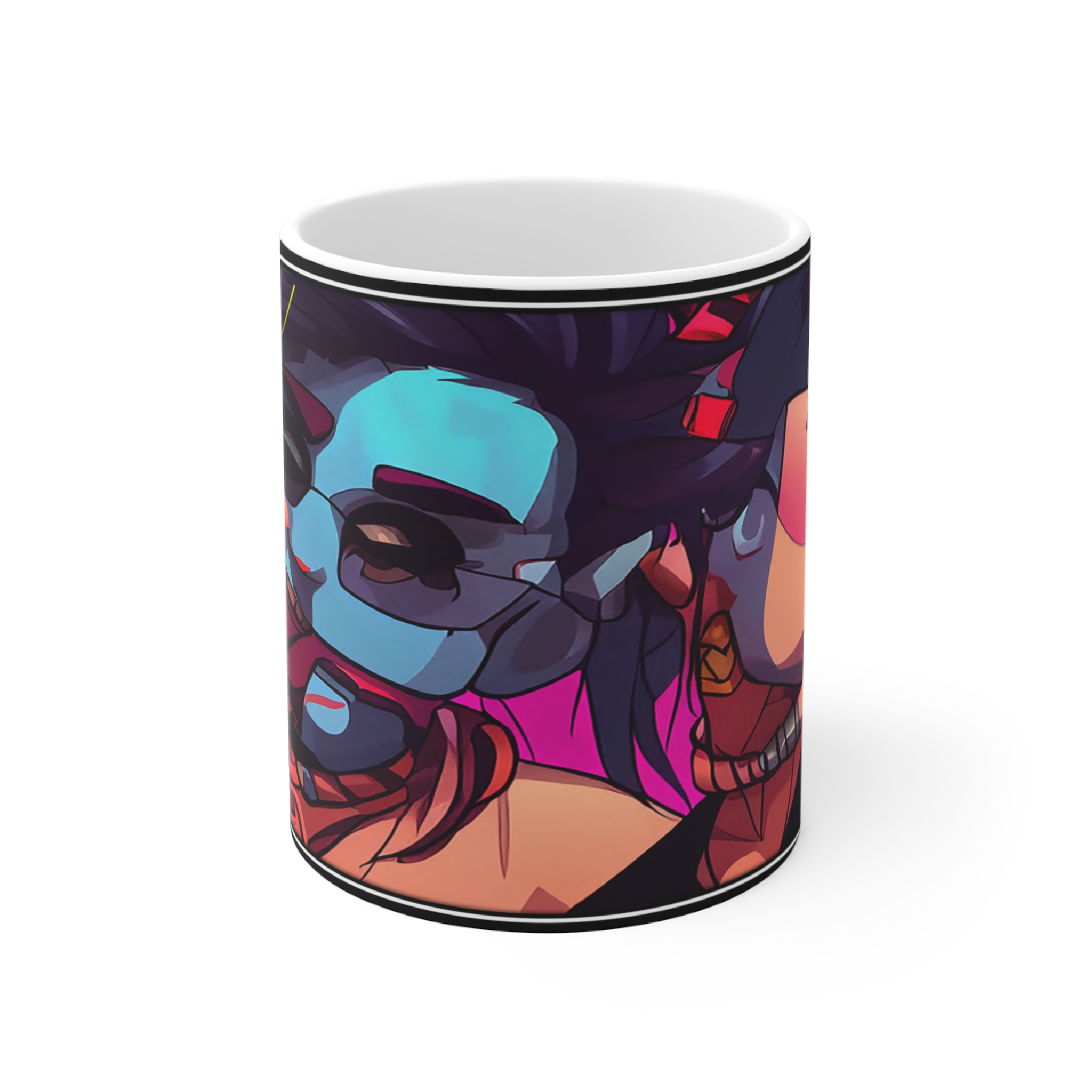 11oz Mug — Vibrant Neon Cyberpunk Character Art (Includes 'Voe' Signature)