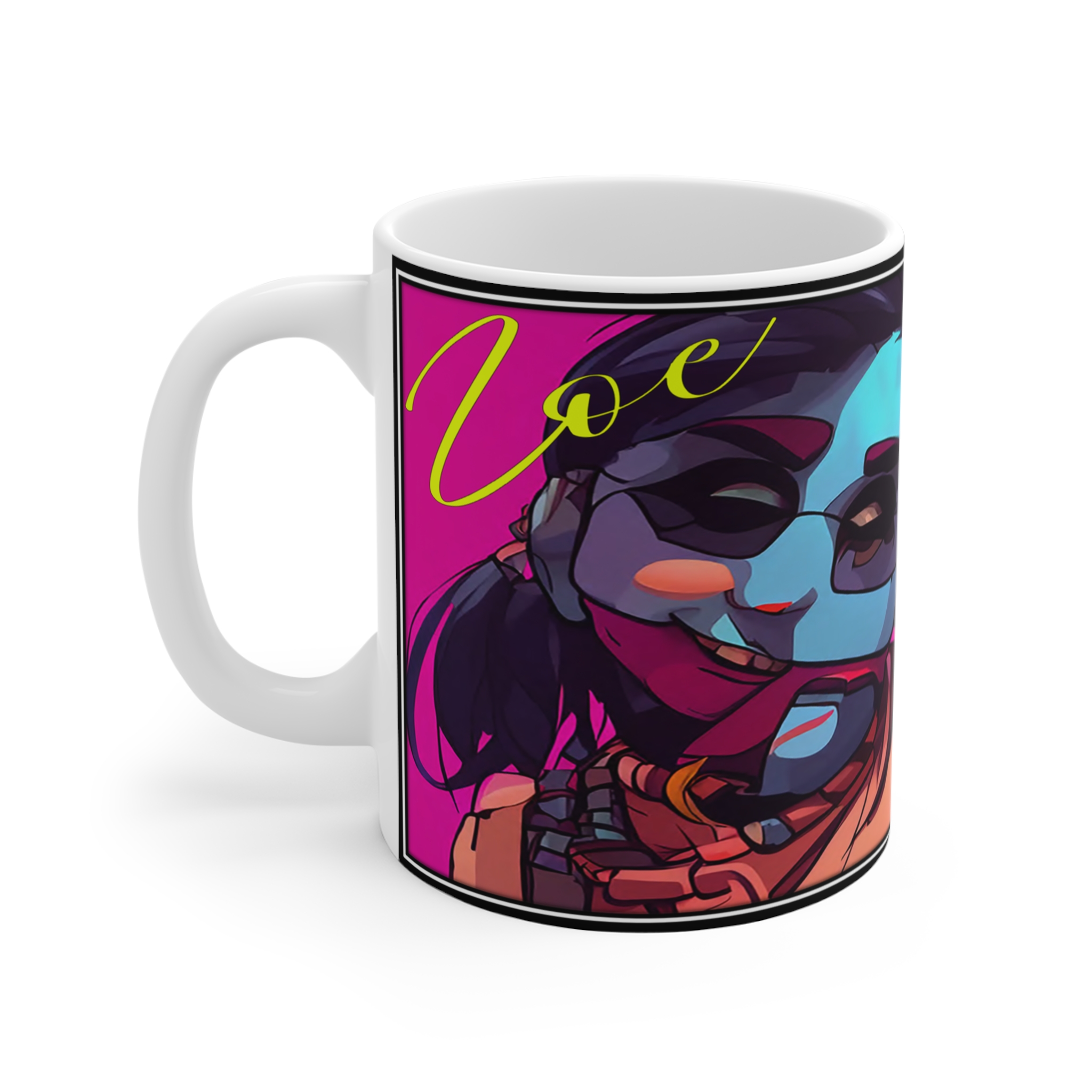 11oz Mug — Vibrant Neon Cyberpunk Character Art (Includes 'Voe' Signature) - Image 2