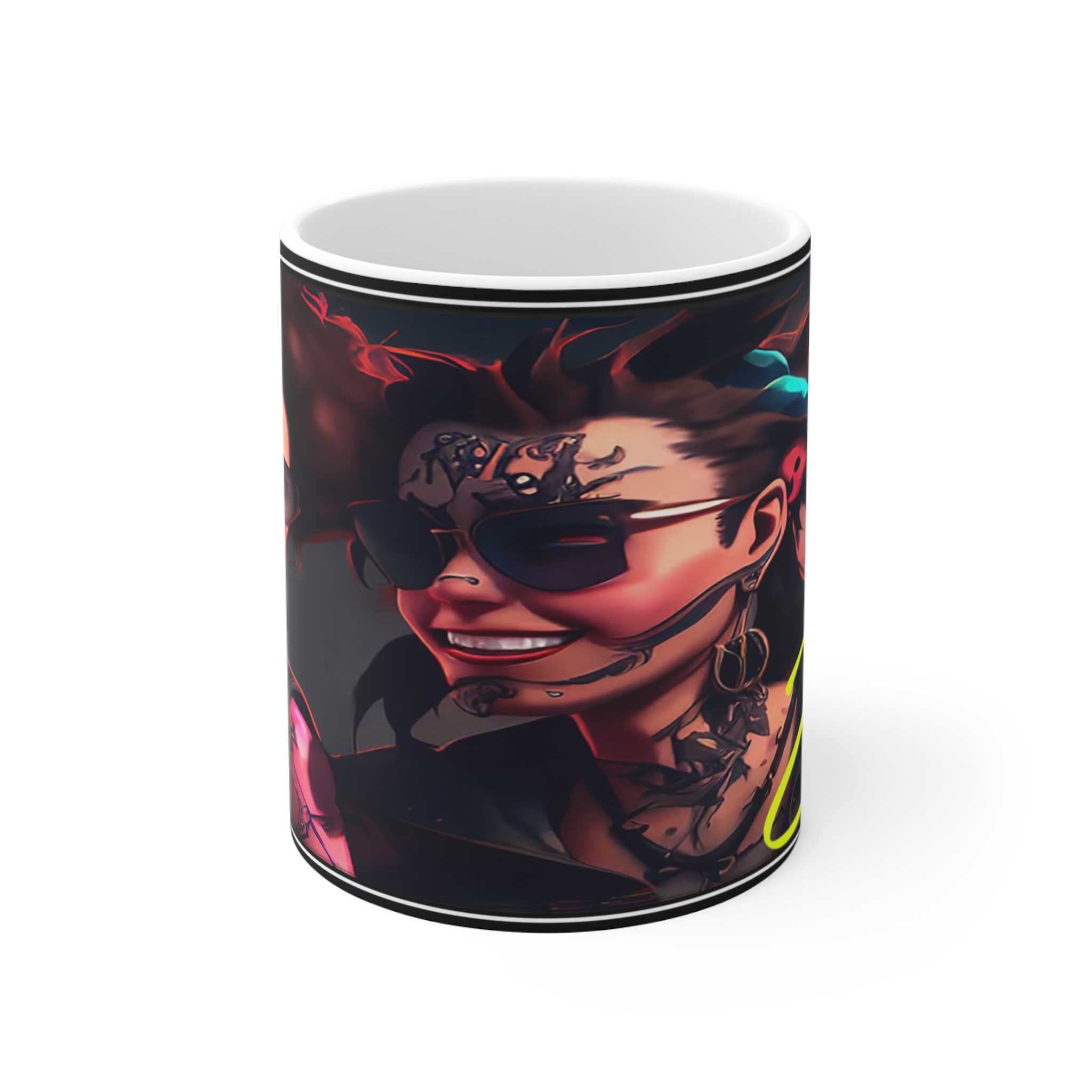11oz Goth Punk Character Mug — Tattooed Smiling Women Artwork