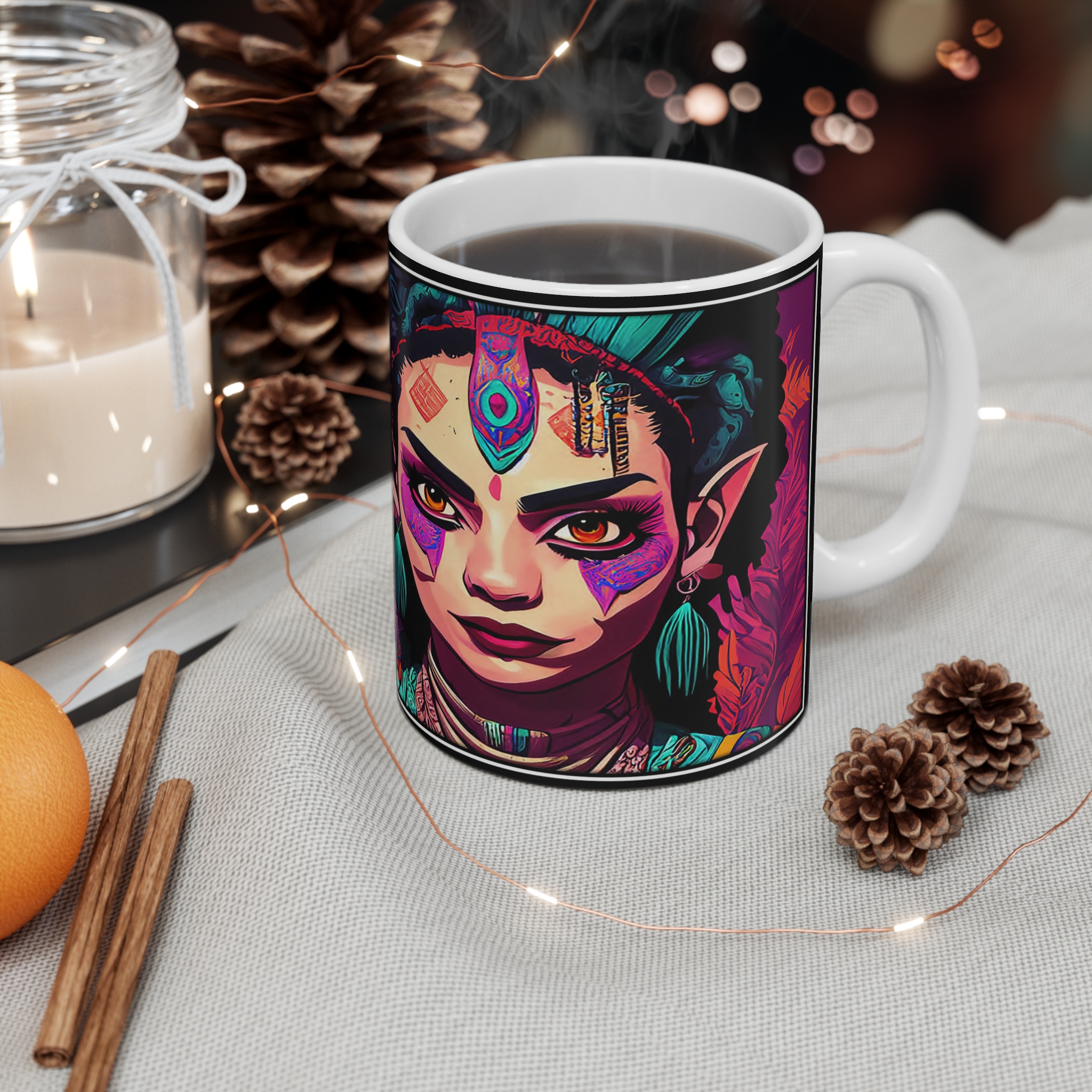 11oz Mug — Vibrant Tribal Fantasy Portrait Mug (Colorful Goddess Artwork) - Image 4