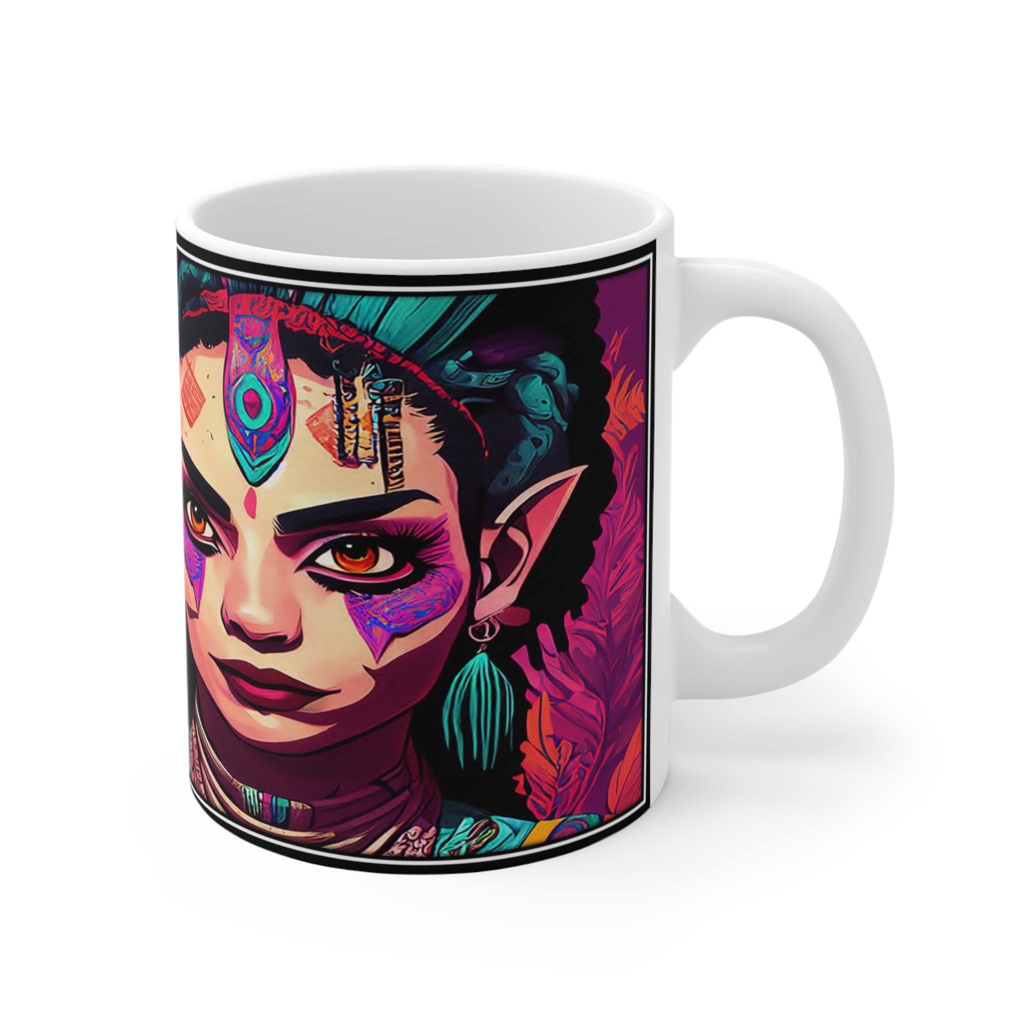 11oz Mug — Vibrant Tribal Fantasy Portrait Mug (Colorful Goddess Artwork) - Image 3