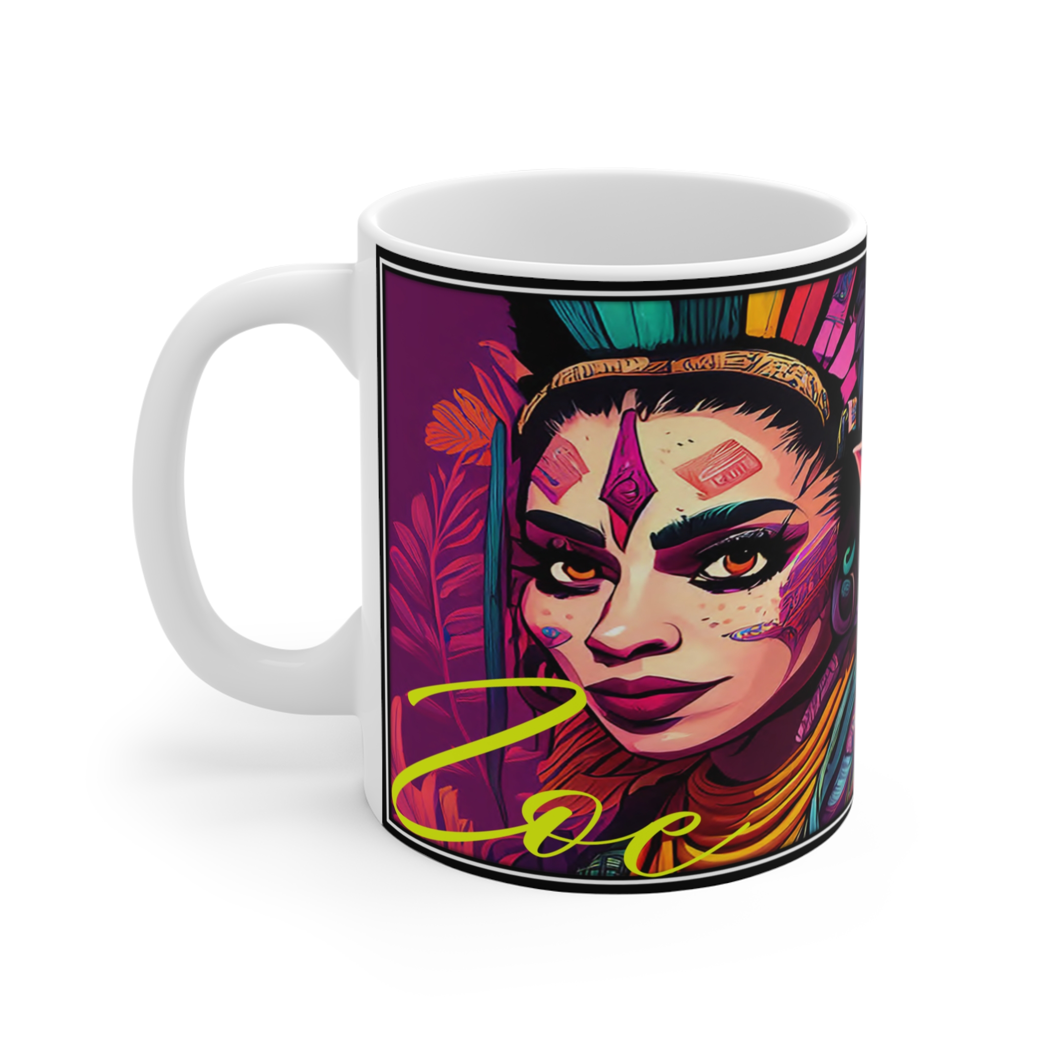 11oz Mug — Vibrant Tribal Fantasy Portrait Mug (Colorful Goddess Artwork) - Image 2
