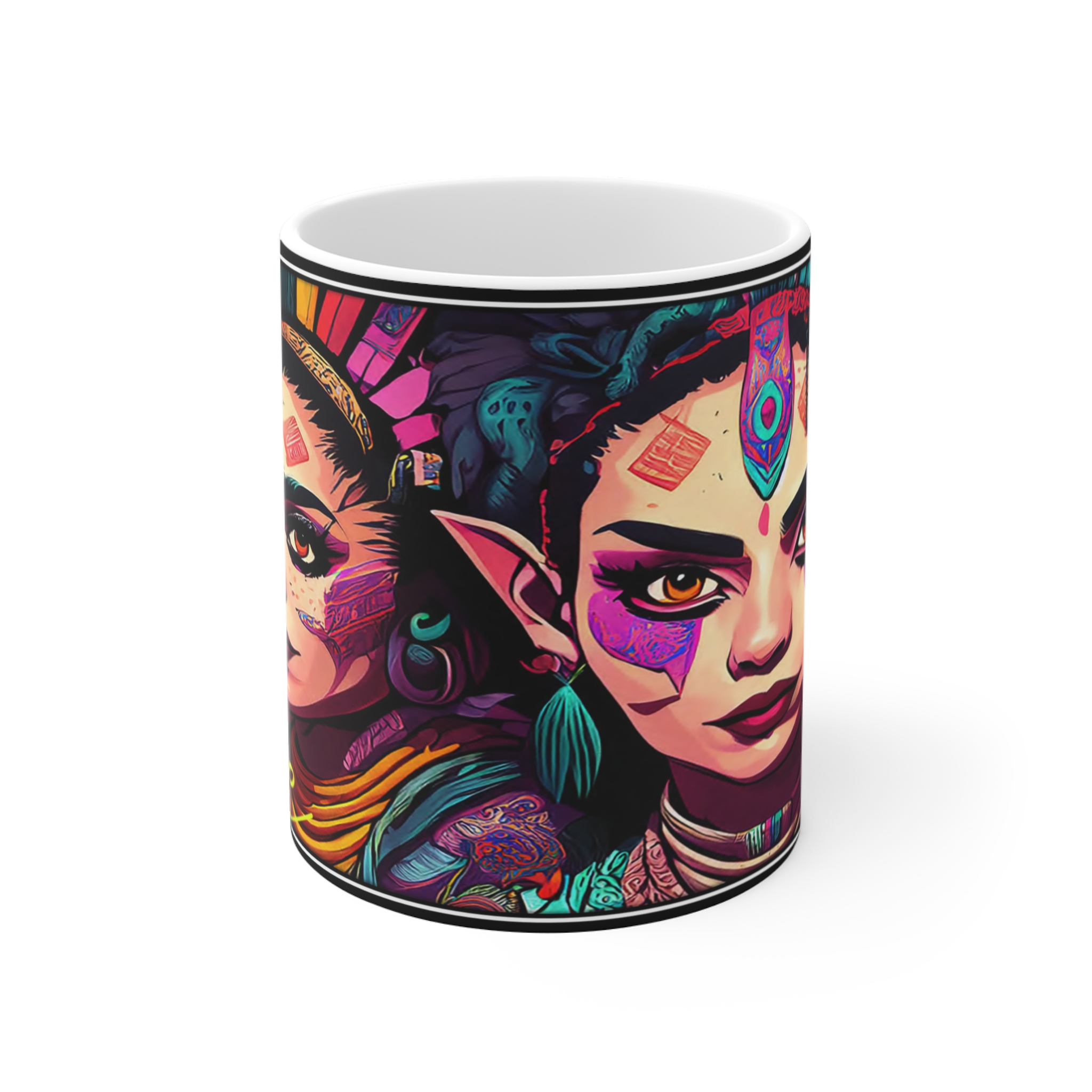 11oz Mug — Vibrant Tribal Fantasy Portrait Mug (Colorful Goddess Artwork)